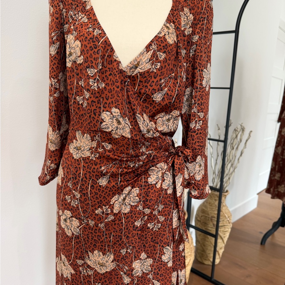 Leith Rust Floral Wrap Midi Dress with Tie Waist